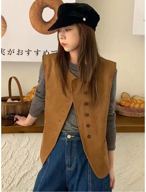 麂皮絨馬甲女 春秋新款韓版時尚百搭復古