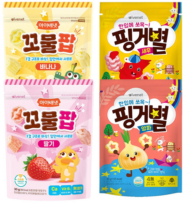 아이배냇 꼬물팝 2종+핑거별 2종 쌀떡뻥, 1세트, 120g, 꼬물팝(2종)+핑거별(2종)