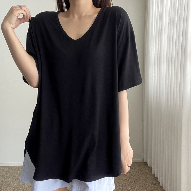 에이치스 보들보들 찰랑핏 브이넥 루즈박시핏 언발 반팔 롱티셔츠