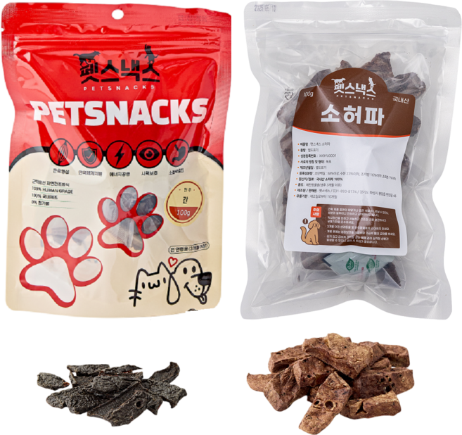 [펫스낵스] 제조일 15일 이내 도축된 한우, 100g, 4개, 국내산 소간 2봉 + 소허파 2봉