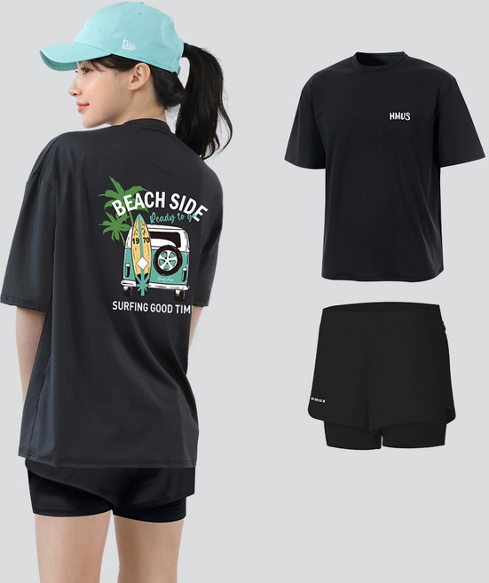 여자 오버핏 반팔 래쉬가드 상의 + 반바지 레깅스 상하의 세트