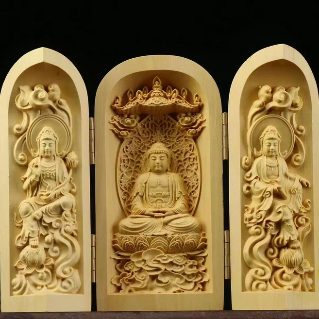 小葉黃楊木雕刻佛像擺件 三開盒工藝, 西方三聖