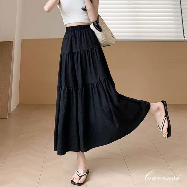 Cavensi 鬆緊腰蛋糕長裙 S-2XL 三色百搭 舒適有內襯