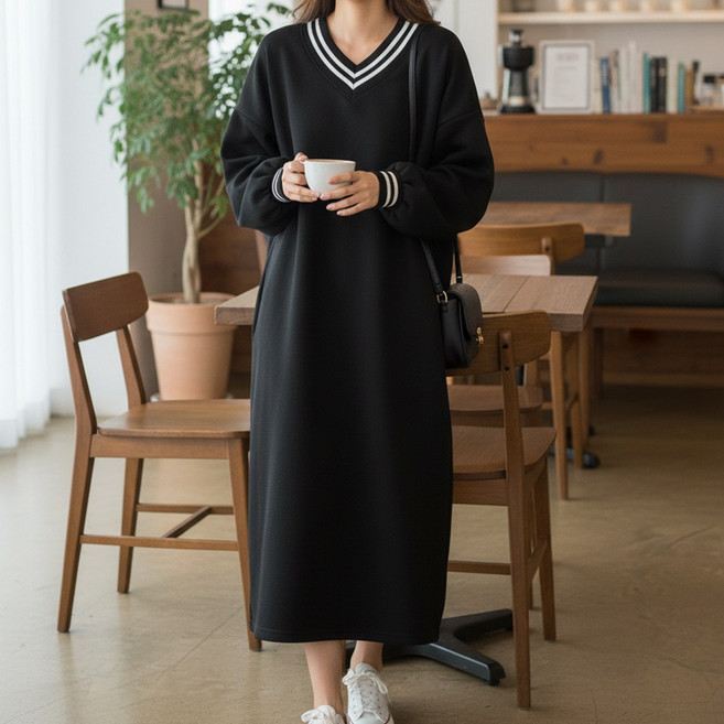 러브포텐 [기모] 빅사이즈 브이넥 롱원피스 55~88사이즈 겨울 홈웨어 브이넥 원피스