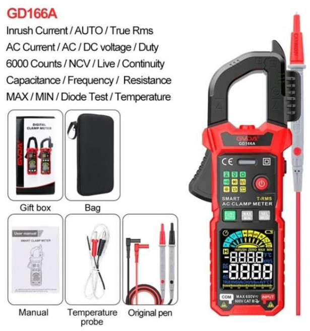 GVDA 디지털 클램프 멀티미터 AC DC 전류 캐패시턴스 옴 Hz 테스터 전압계 참 RMS 멀티미터 돌입 전류 전압계 GD166B GD166B, [01] GD166A, 1개