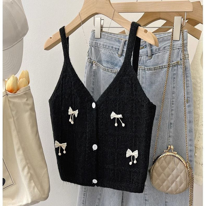 여성 뷔스티에 니트 조끼 봄 가을 우아한 스타일 리본 장식 진주 포인트 니트 슬리브리스 상의 YLP