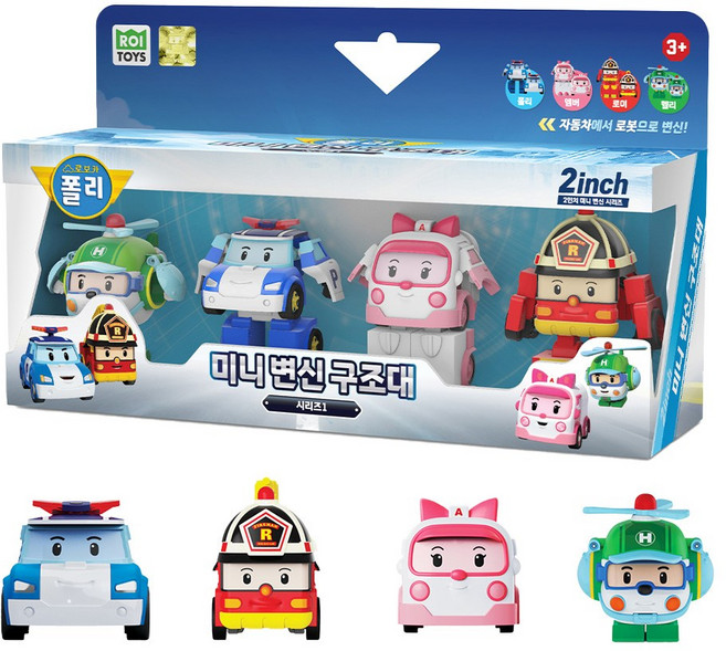로보카폴리 2인치 미니 변신 구조대 세트 자동차 소방차 경찰차 장난감, 단품, 1개