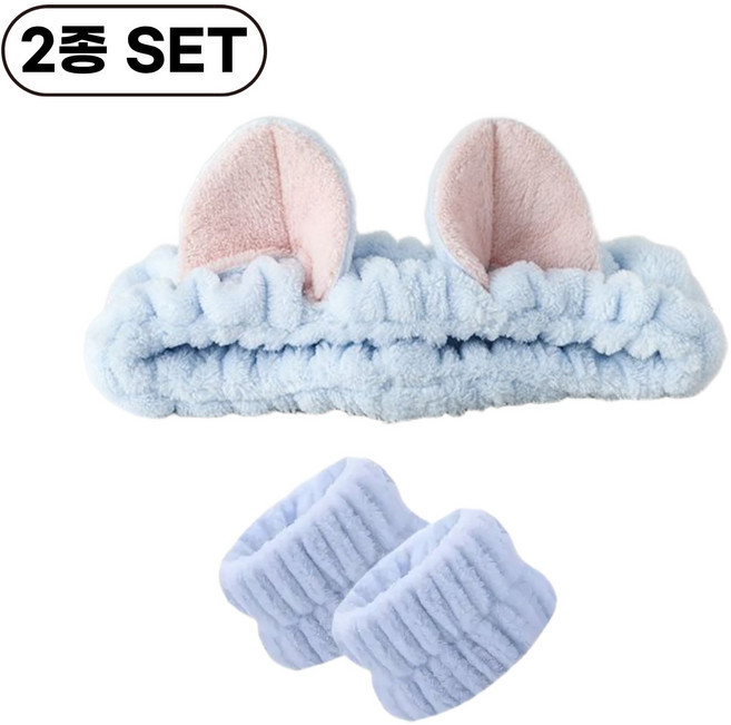 제론드 뽀송 세안 헤어밴드 손목 밴드 세트 고양이 양손 세안용 물흐름방지, 1개, 라이트블루