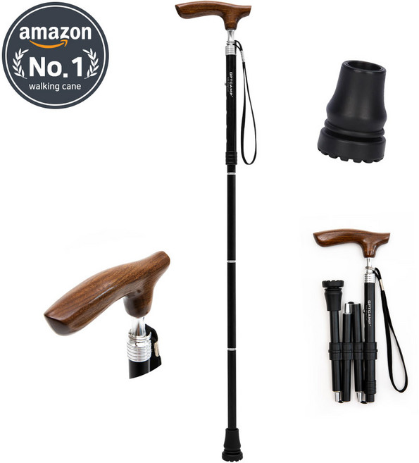 GPTcamp 4단 접이식 초경량 노인 우드 지팡이 어르신 폴딩, 1개, 블랙 (GPT-W2M)