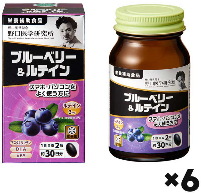 노구치의학 연구소 피로한 눈을 위한 영양 블루베리 & 루테인, 6개, 60정