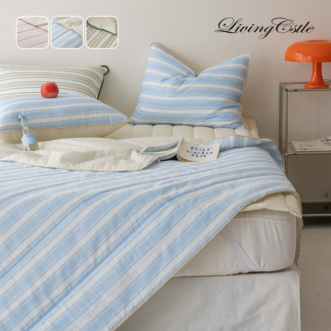 [국산] 리빙캐슬 여름 슈미츠 60수순면 시어서커 누비이불, 누비이불 + 베개커버, 블루