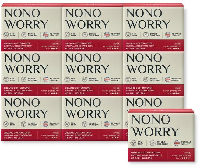 노노워리 생리대 (탈취력 테스트 완료 천연식물성 흡수체 오가닉코튼커버 친환경 TCF 공정), 10개, 10매입, 대형