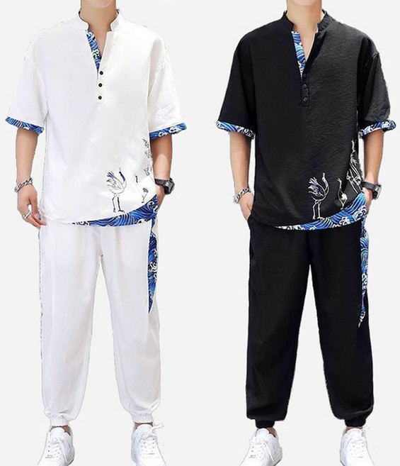 M-4XL 빅사이즈 남성의류 데일리 생활한복 개량한복 시원한 반팔티 바지 상하의세트