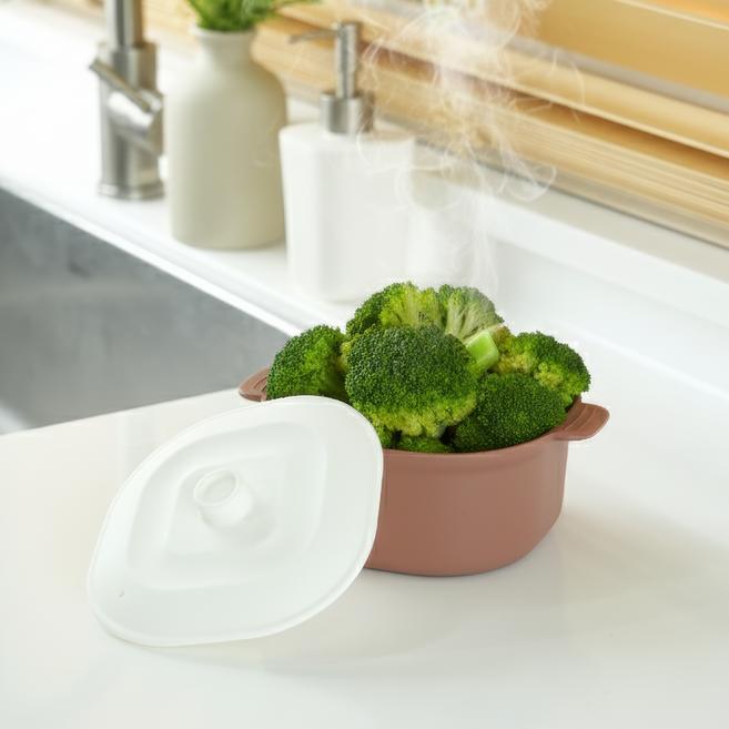 소노리떼 실리콘 계란찜기 중형 사각 700ml 화이트 뚜껑, 아몬드브라운, 1개