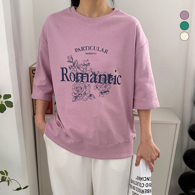 디테일웨어 여성 로맨틱 레터링 반팔 맨투맨 고급프린팅 루즈핏 7부소매 티셔츠 면혼방 임부복 빅사이즈 티셔츠 데일리룩