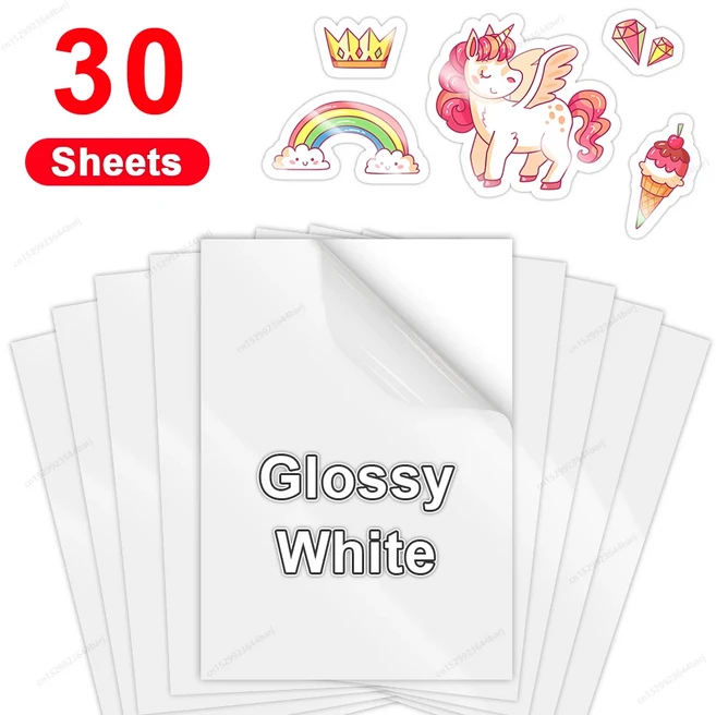 흰색 인쇄 가능한 비닐 스티커 용지 잉크젯 프린터용 투명 A4 DIY 자체 접착 라벨 30 매, 09 White Glossy