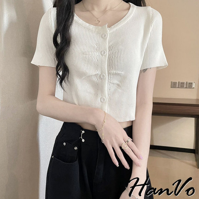 HanVo 圓領皺皺針織短版上衣 - 舒適透氣韓版女裝