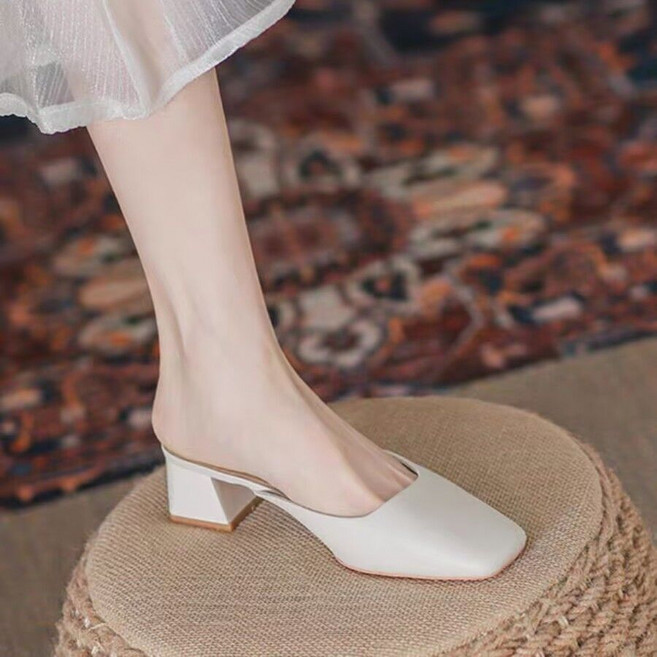 方頭穆勒拖鞋，一腳蹬懶人包頭單鞋, 25 cm, 米色