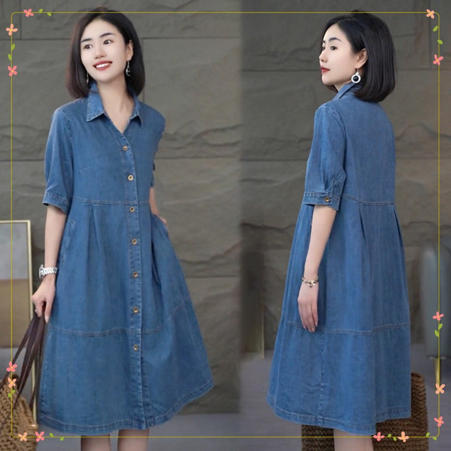 swygsqql 여성 여름 카라넥 반팔 청원피스 얇은 데님 원피스 빅사이즈 50대 캐주얼 카라 셔츠 미디 원피스 Z3121