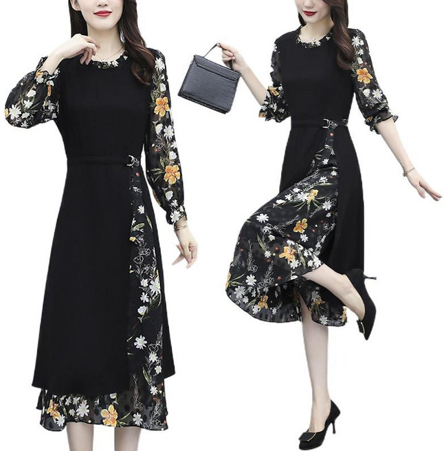 Makone 여성 원피스 꽃나염 미디 루즈핏 빅사이즈 봄 가을