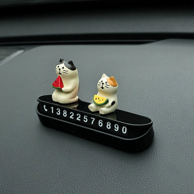 플루비 주차 전화 번호판 차량용 듀얼 귀여운 알림판 캐릭터 고양이 피규어, 1개, 수박 먹는 고양이