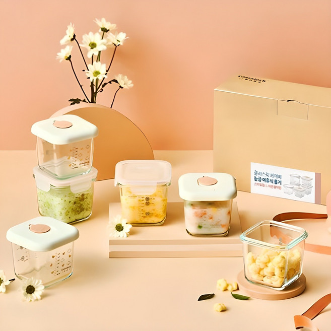 글라스락 베이비 눈금 이유식 용기 사면결착캡 3p + 스마일캡 3p, 270ml, 혼합색상, 1세트