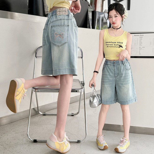 슈가푸딩 주니어 포켓리본데님반바지 초등학생 중학생 주니어데님반바지 청반바지 연청반바지 아이스진 여아반바지 여아데님바지 데일리룩