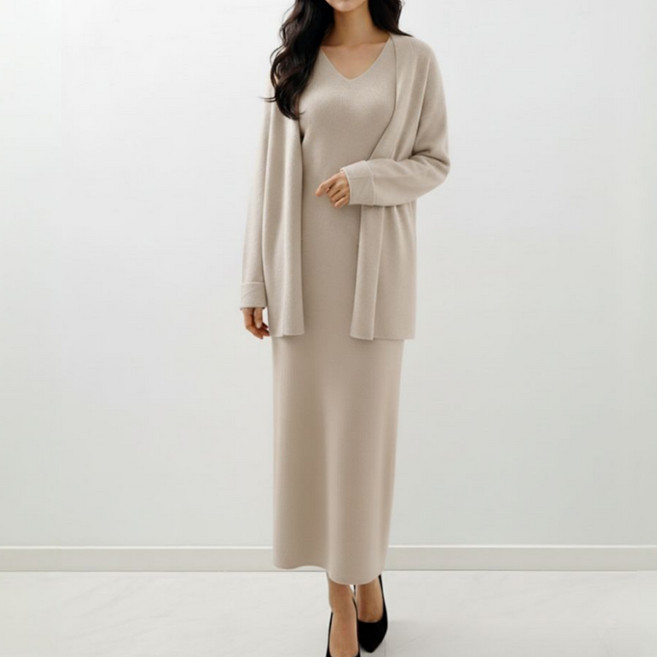 셀리나에스 부드러운 여성 니트 원피스 가디건 세트