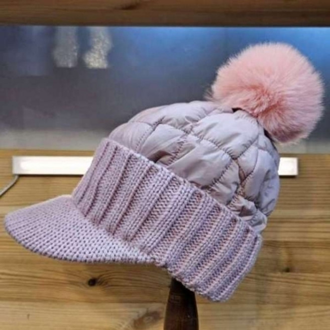 애슬릿 니트 비니 털 방울 숏 챙 패딩 겨울 방한 러닝 운동 모자, 블랙