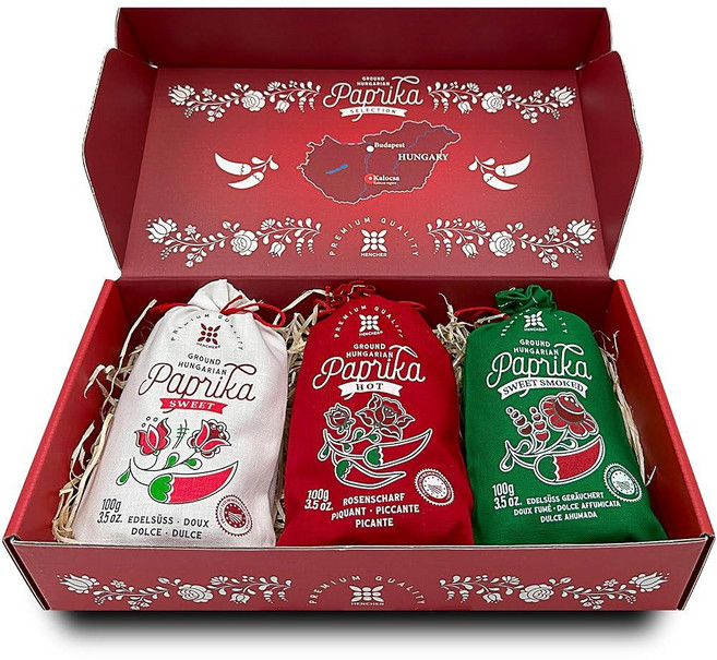 Hencher 파프리카 가루 파우더 헝가리 선물 세트 3x100g3.5oz 칼로차에서 3가지 맛 단맛 매운맛 단 훈제맛, 1, 100g