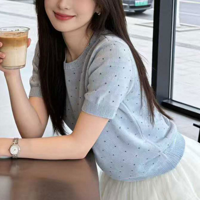 데일리 여성 반팔 니트 시원한 린넨 느낌의 청량한 20대 봄 여름 반소매 니트웨어, 스카이