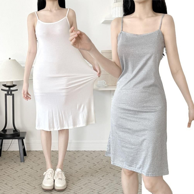 끈나시 원피스 여성 무지 롱 민소매 슬립 H라인 이너 hol+754Aj