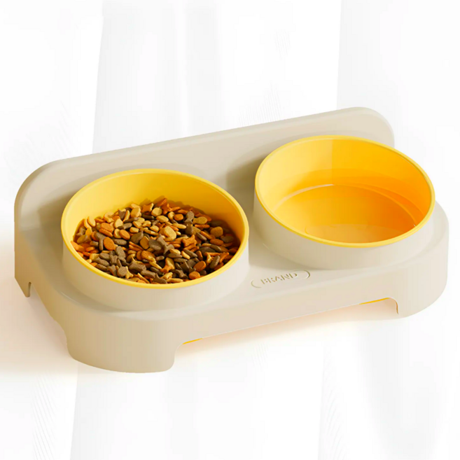 탈론나인 앞저뒤고 15도 경사 2구 분리형 강아지 고양이 밥그릇, 1개, 베이지옐로우