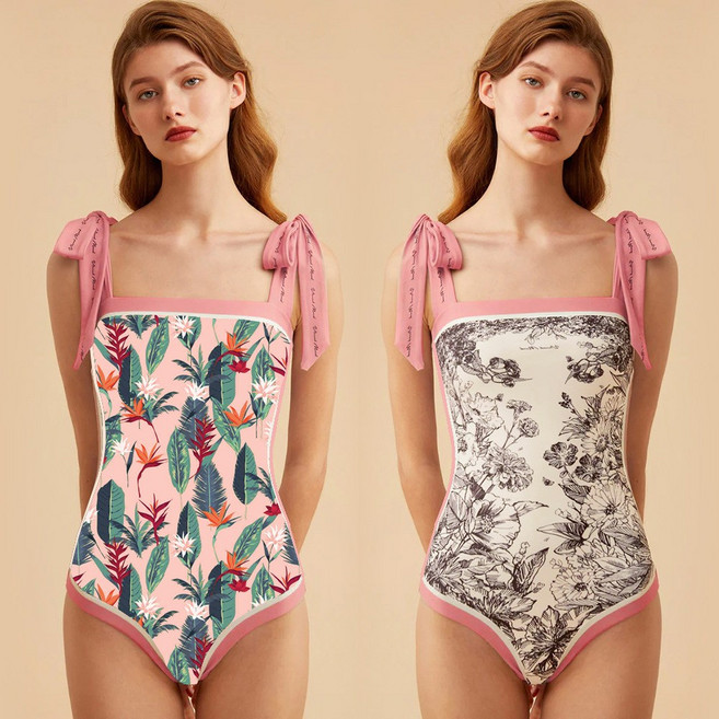 ins여성 리버서블 양면 플라워 프린팅 수영복 투리블 실내수영장수영복, 연근 전분 양면, XL