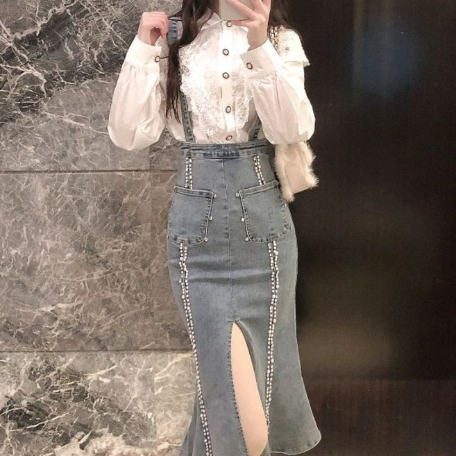 扉娜VINASHOP 韓版高腰釘珠背帶裙 開叉牛仔吊帶魚尾包臀裙