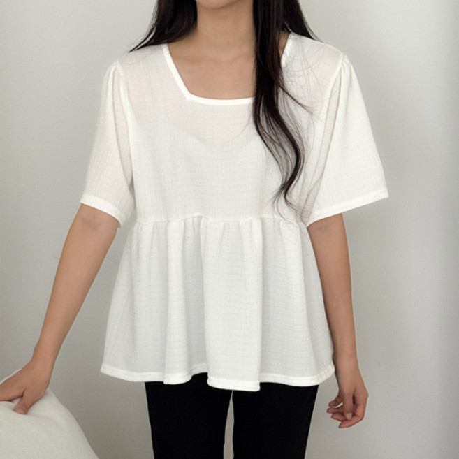 마이쏭 여성 빅사이즈 루즈핏 여름블라우스 반팔 블랜드스퀘어프릴블라우스