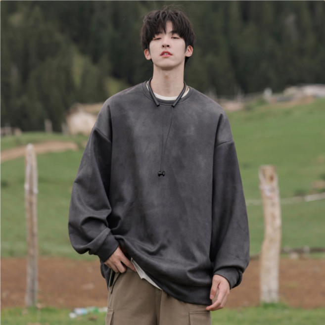 봄 남성용 오버핏 스웨이드 맨투맨 스웨트셔츠
