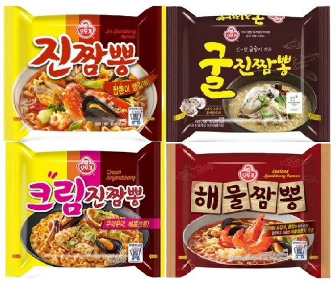 오뚜기 짬뽕라면 4종 세트 각1개씩-[진짬뽕130g+굴진짬뽕130g+크림진짬뽕130g+해물짬뽕120g], 1세트