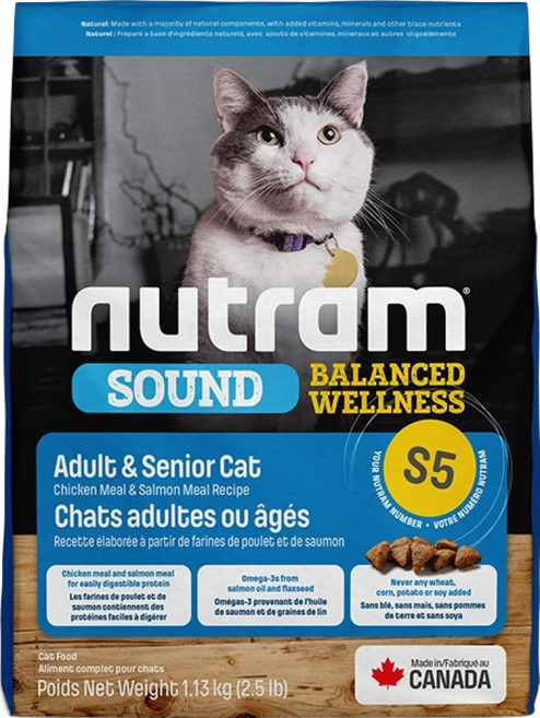 紐頓 Nutram S5 均衡健康系列 雞肉+鮭魚 成貓&熟齡貓飼料 1.13kg-5.4kg, 1個, 1.13kg