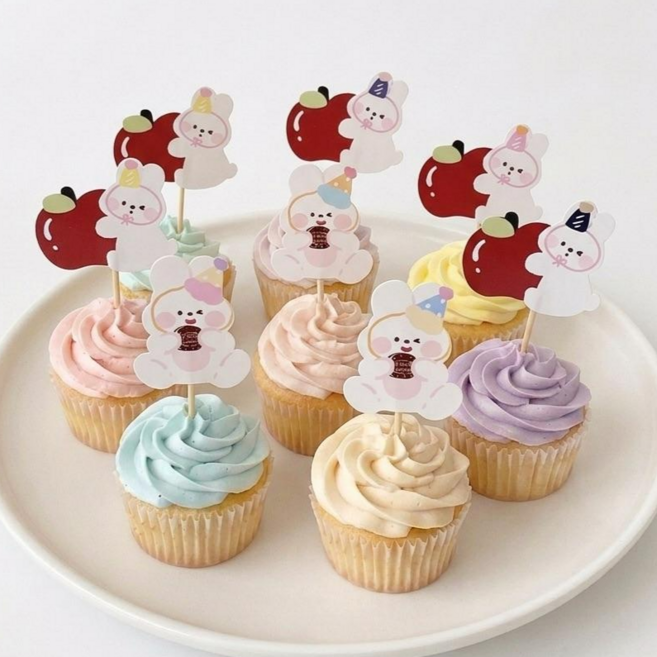 생일 파티 컵 케이크 미니 데코 픽 토퍼 Happy birthday 해피 버스데이 베이킹 카페 유치원 어린이집 아들 딸, 10개, 토끼