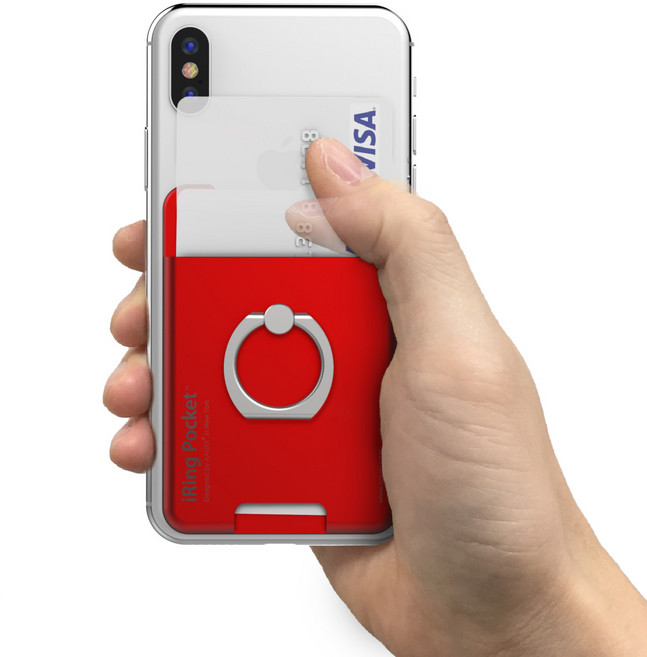 억스 아이링 포켓1 카드수납 1장 휴대폰 스마트링 핸드폰 거치대, 메탈릭레드, 1개