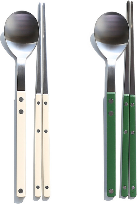 보겐 국산 New 쌍띠에 스텐 한식 수저 세트 실버, 바닐라+그린, 1개, 숟가락+젓가락