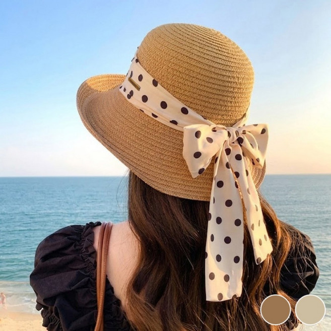 홈앤정Home&j 예쁜 도트리본 라탄모자 햇빛자외선 UV차단 여성 패션 모자