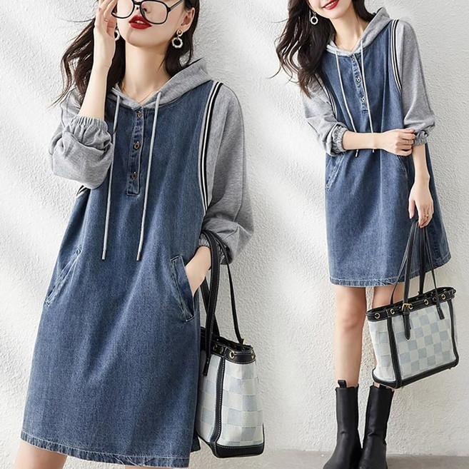 ROYALBELLE 여성 후드 배색 데님 루즈핏 캐주얼 미디 길이 데일리 원피스 V0122931