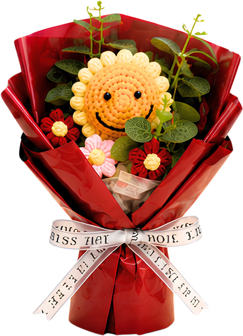 手工編織 笑臉向日葵花束, 紅色針織花束, 1件