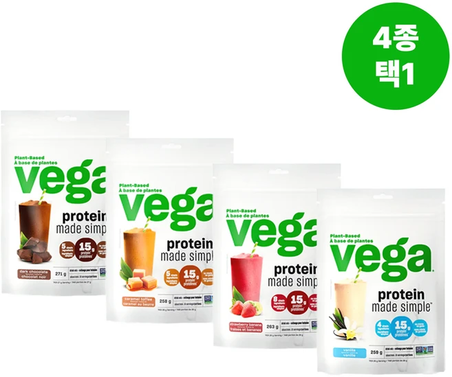 Vega 베가 식물성 프로틴 메이드 심플 단백질 파우더 4가지맛 택1, 01 초콜릿, 1개 - 쿠팡