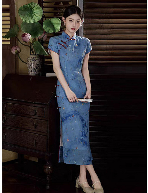 藍色旗袍2025新款改良年輕款少女夏薄款新中式國風連衣裙日常可穿, 藍色,l
