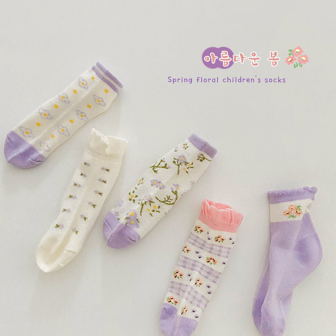 봄꽃 메쉬 양말 5족세트 (1-10세) 여름삭스 유아 아동 여아 캐릭터 키즈양말 어린이양말 99마켓