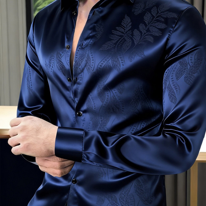 2026亮面新款長袖男士襯衫數碼印花長袖束袖V領休閒