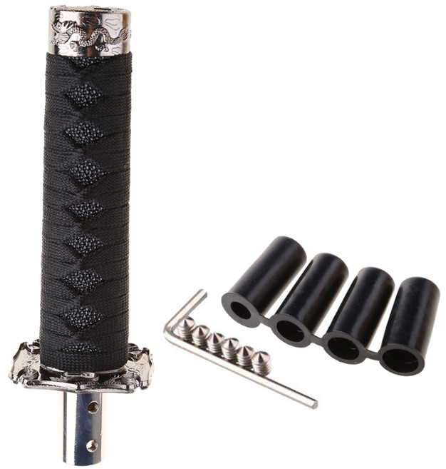 범용 자동차 액세서리 패턴 스타일 카타나 시프트 레버 노브 사무라이 소드 시프트 손잡이 기어 시프터 핸들 장식, 검은 색 외부 및 내부 검은 색